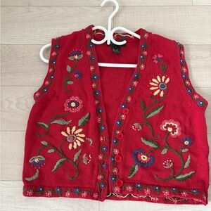 Vintage Floral Embroidered Red Vest